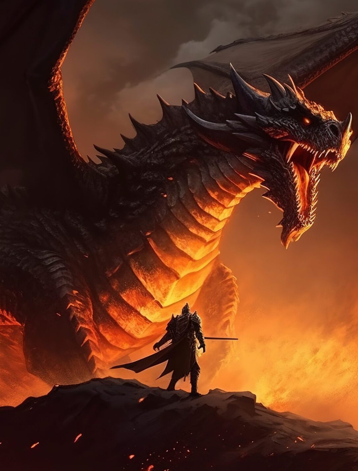 Fire breathes explode from a giant dragon on a heroic medieval knight on a horse in a black night, the epic battle between good and evil - concept art - 3D rendering, generate ai